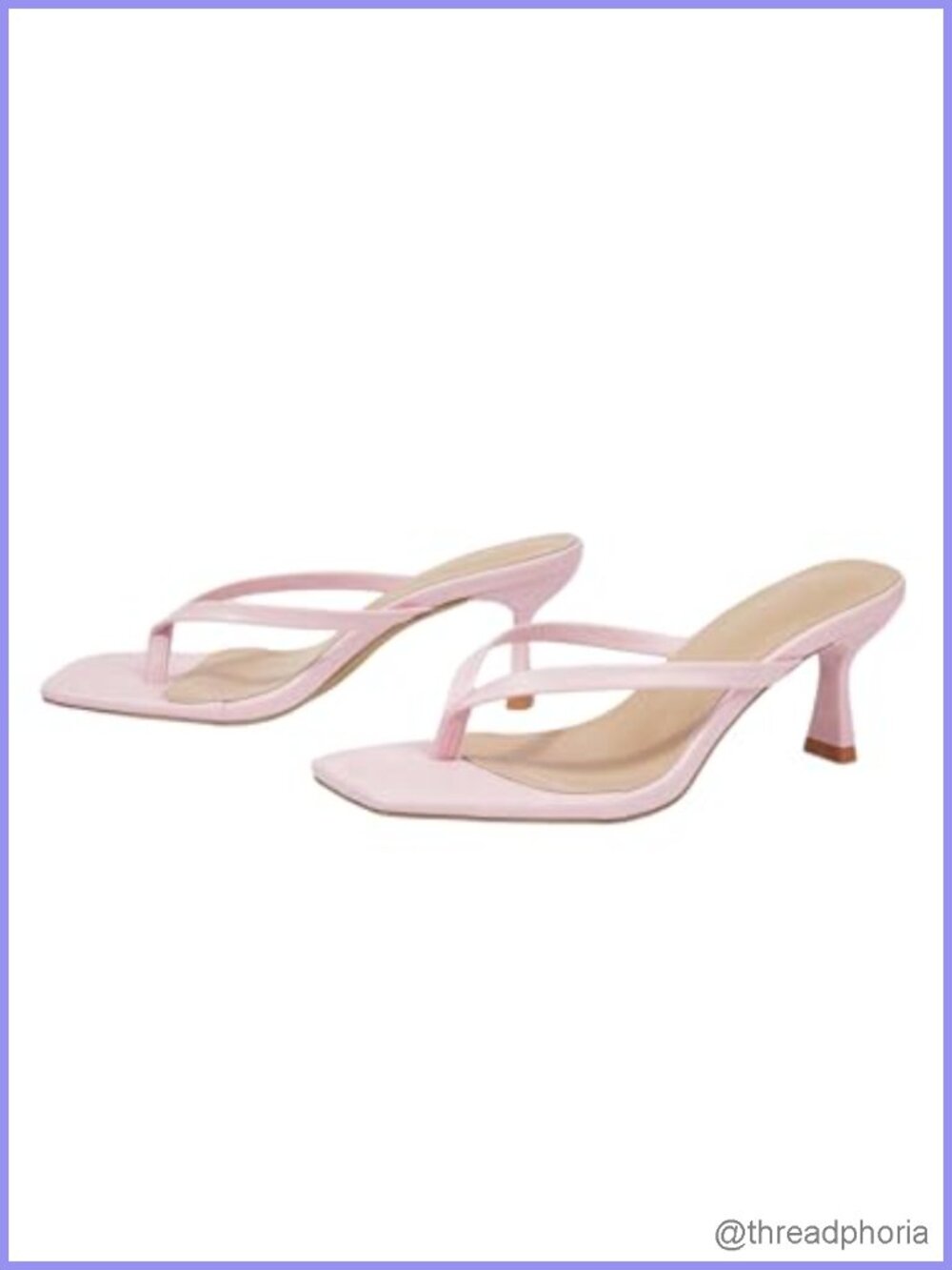 Women's Kitten Heels Thong Strap Sandals Square Toe Slip On Faux Leather